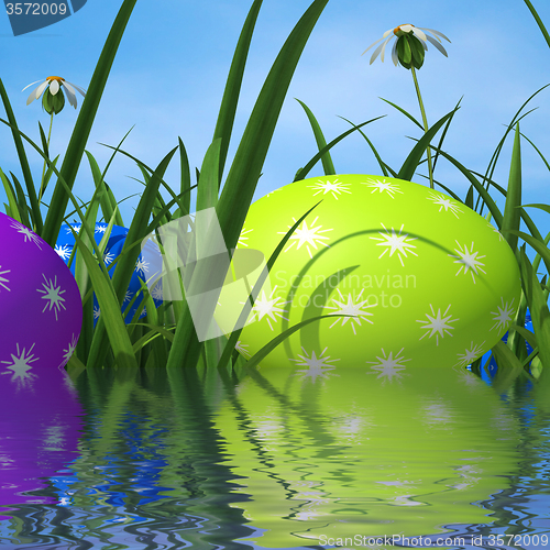 Image of Easter Eggs Means Green Grass And Environment