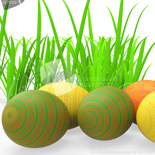 Image of Easter Eggs Shows Green Grass And Grassland