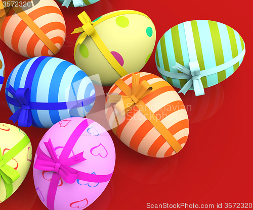 Image of Easter Eggs Indicates Gift Bow And Colour