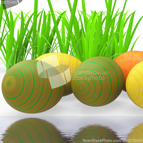 Image of Easter Eggs Means Green Grass And Environment