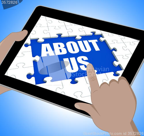 Image of About Us Tablet Shows Contact And Website Information