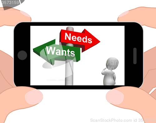 Image of Wants Needs Signpost Displays Materialism Want Need