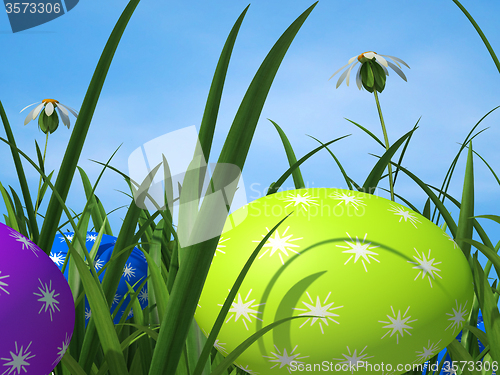 Image of Easter Eggs Means Green Grass And Environment