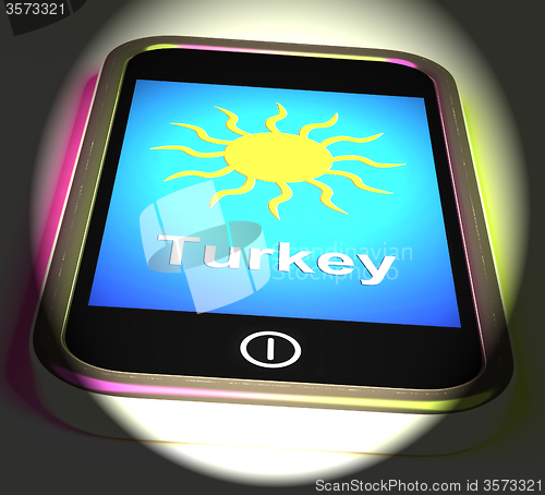 Image of Turkey On Phone Displays Holidays And Sunny Weather