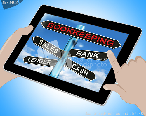 Image of Bookkeeping Tablet Means Sales Ledger Bank And Cash