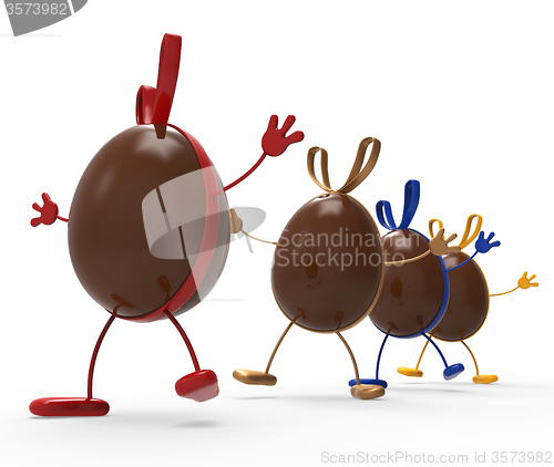 Image of Easter Eggs Indicates Gift Ribbon And Chocolate