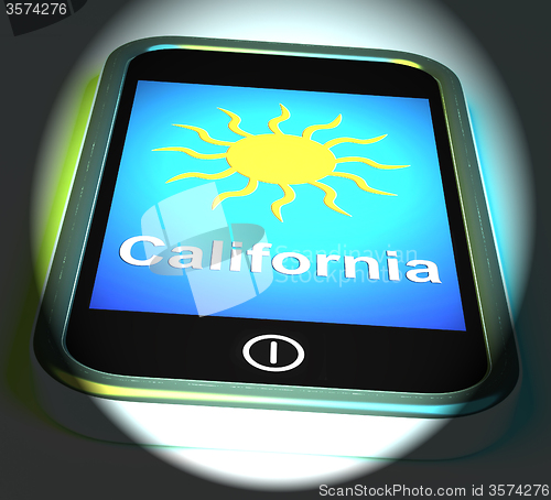 Image of California And Sun On Phone Displays Great Weather In Golden Sta