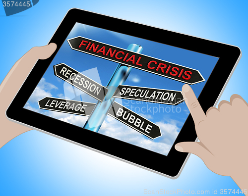 Image of Financial Crisis Tablet Shows Recession Speculation Leverage And