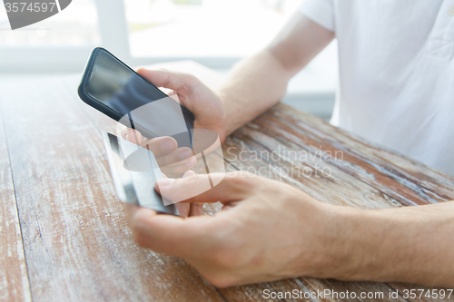 Image of close up of hands with smart phone and credit card