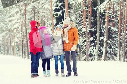 Image of group of smiling men and women in winter forest