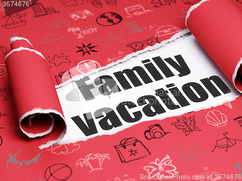 Image of Travel concept: black text Family Vacation under the piece of  torn paper