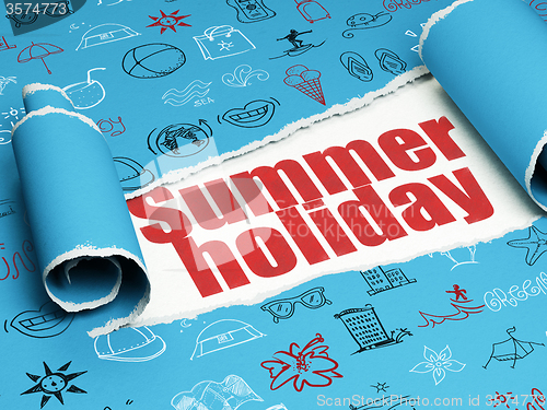 Image of Vacation concept: red text Summer Holiday under the piece of  torn paper