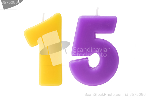 Image of fifteenth birthday candles isolated 