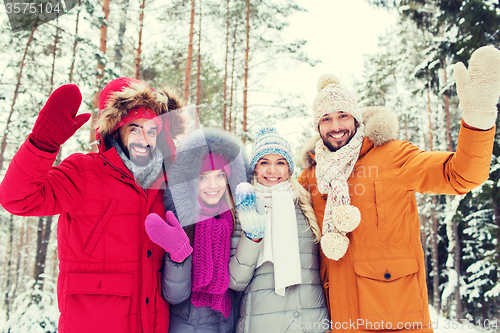 Image of group of friends waving hands in winter forest