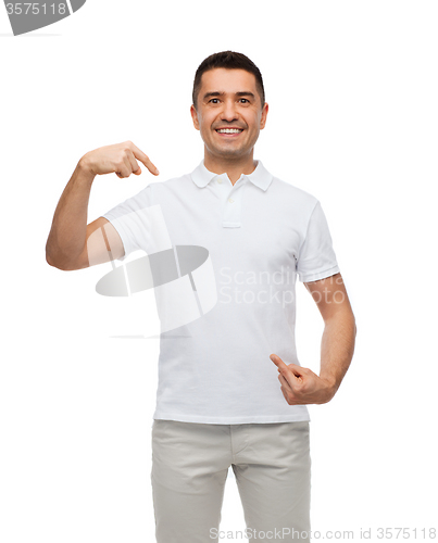 Image of smiling man in t-shirt pointing fingers on himself