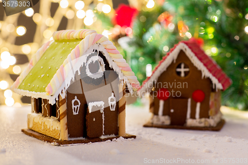 Image of closeup of beautiful gingerbread house at home