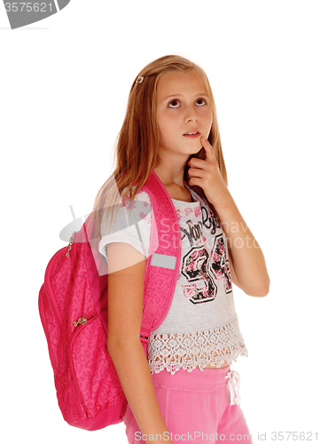 Image of Schoolgirl thinking with backpack.
