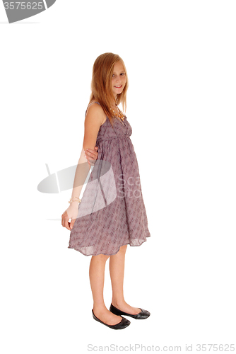 Image of Lovely little girl in dress standing.