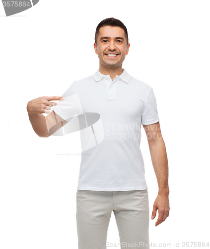 Image of smiling man in t-shirt pointing finger on himself