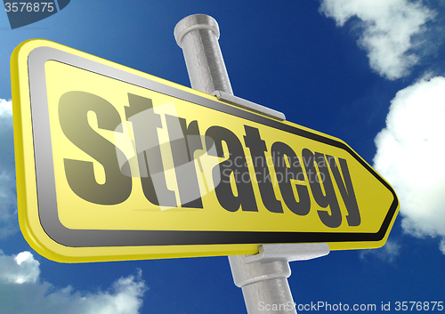 Image of Yellow road sign with strategy word under blue sky