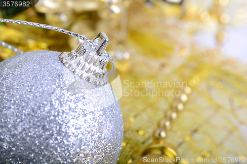 Image of Christmas background with baubles and beauty bokeh, new year concept, close up