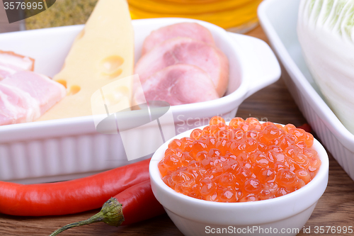 Image of Food high in protein, sausages, cheese, red pepper, red caviar, cabbage