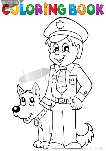 Image of Coloring book policeman with guard dog