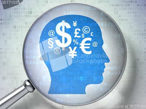 Image of Finance concept: Head With Finance Symbol with optical glass on digital background