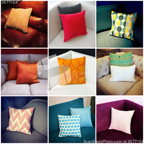 Image of Colorful cushions, interior design collage