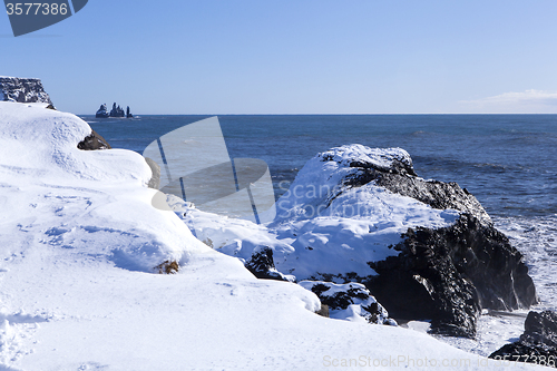 Image of Wide shot of three pinnacles of Vik, South Iceland   