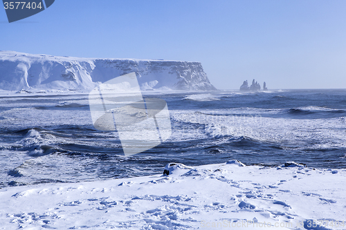 Image of Wide shot of three pinnacles of Vik, South Iceland   