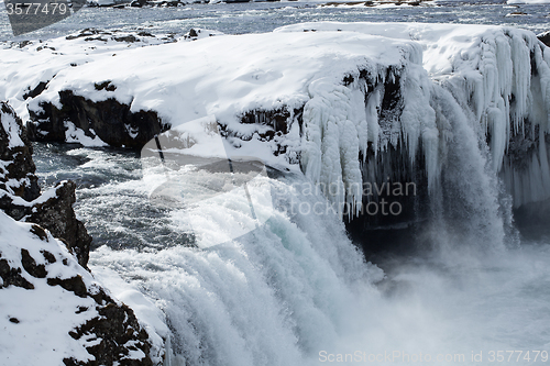 Image of Closeup of frozen waterfall Godafoss, Iceland