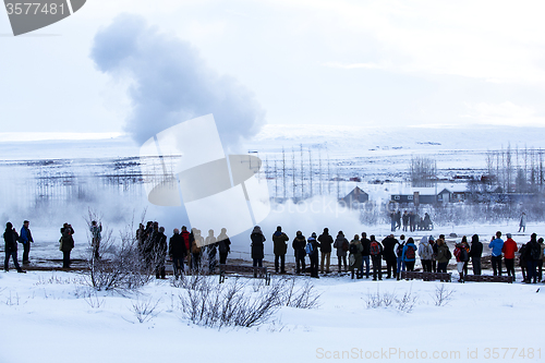 Image of Visitors at the geyser erruption of Strokkur, Iceland