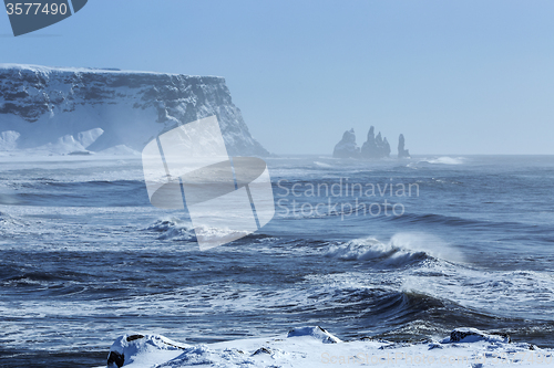 Image of Wide lens capture of three pinnacles of Vik, South Iceland   