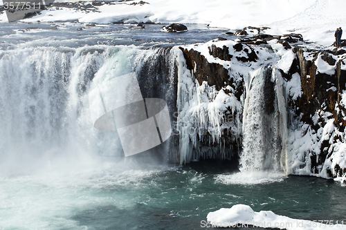 Image of Closeup of frozen waterfall Godafoss, Iceland