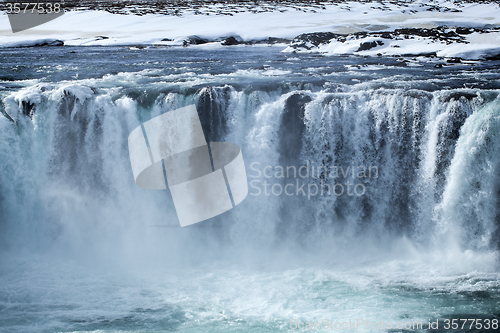 Image of Closeup of frozen waterfall Godafoss, Iceland