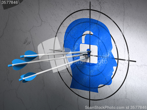 Image of Business concept: arrows in Head With Padlock target on wall background