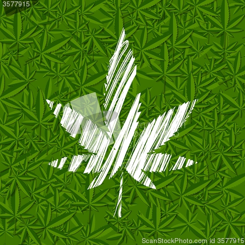 Image of White grunge cannabis leaf on green pattern