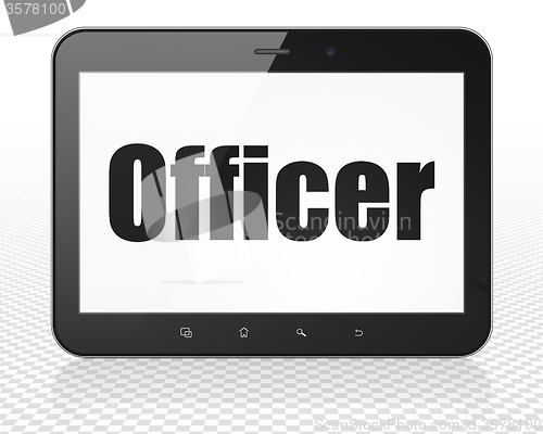 Image of Law concept: Tablet Pc Computer with Officer on display