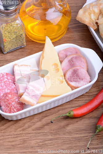 Image of Food high in protein, sausages, cheese. Red pepper