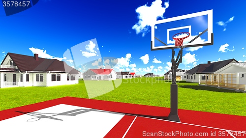 Image of Suburban houses with basketball field