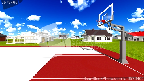 Image of Suburban houses with basketball field