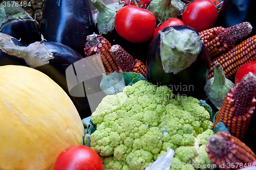 Image of Group of fruit and vegetables made up of tomatoes, eggplants, ca