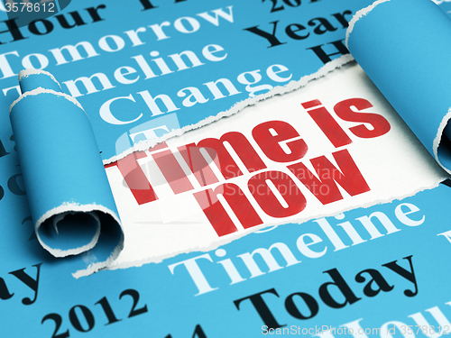 Image of Time concept: red text Time is Now under the piece of  torn paper