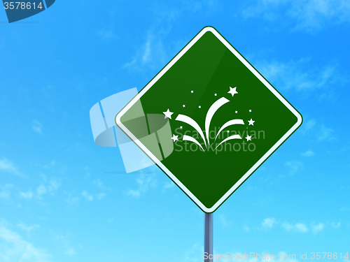 Image of Entertainment, concept: Fireworks on road sign background