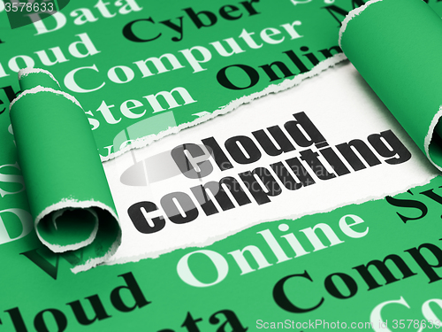 Image of Cloud networking concept: black text Cloud Computing under the piece of  torn paper