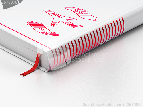 Image of Insurance concept: closed book, Airplane And Palm on white background