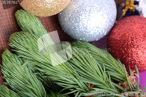 Image of Closeup of beautiful Christmas baubles, Decorated christmas tree, holiday background, green tree eve branch close up with christmas balls 