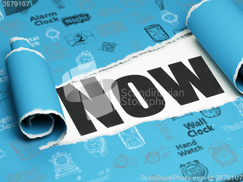 Image of Timeline concept: black text Now under the piece of  torn paper