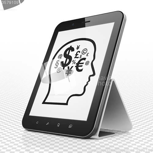 Image of Marketing concept: Tablet Computer with Head With Finance Symbol on display